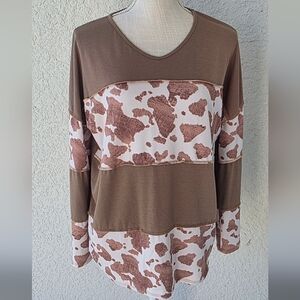 Brown and Cream Cow Print Women's Long Sleeve Top